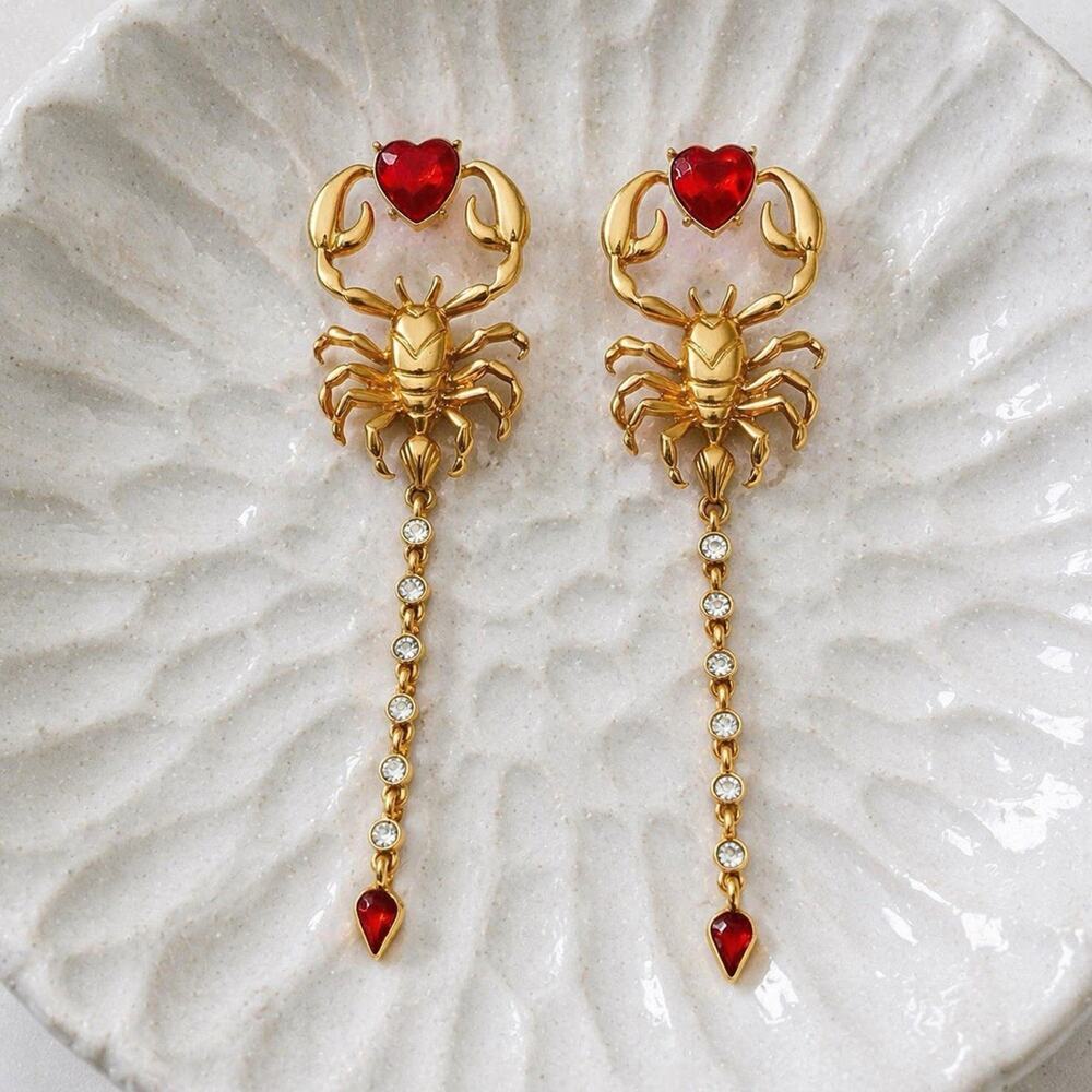 Medieval Scorpio Heart Earrings Fish Museum Gold Antique VTG Chain Art CZ Deco
